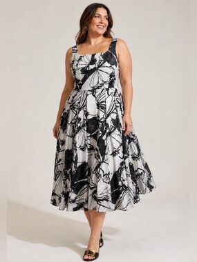 Donna Karan New York Floral Midi Dress Black White Sleeveless Size 12